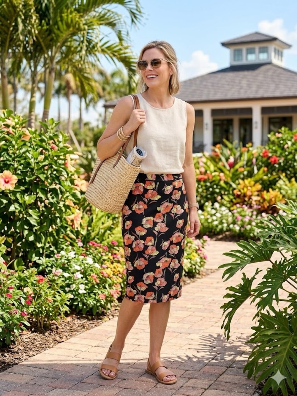Who What Wear Black Pencil Skirt with Orange & Cream Floral Print